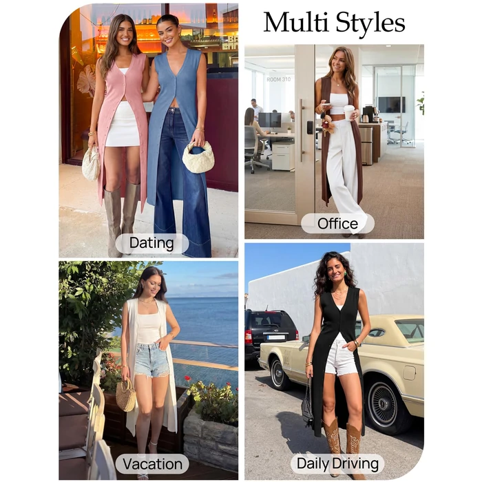 ZESICA Women's Sleeveless Long Cardigan Sweaters 2026 Summer V Neck Oversized Button Knit Duster Vest Top Beach Cover Up Black Small by ZESICA - Image 2