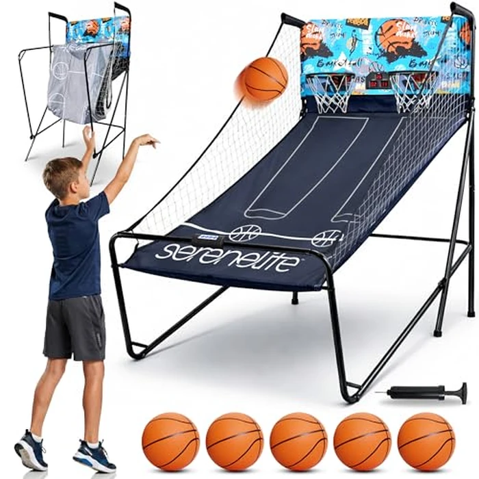 SereneLife Dual Shot Basketball Arcade Game with Electronic Scorer, 8 Modes, Indoor Outdoor 2 Player Basketball Shooting Game, Foldable Arcade Set with 5 Balls and Pump by SereneLife - Image 1