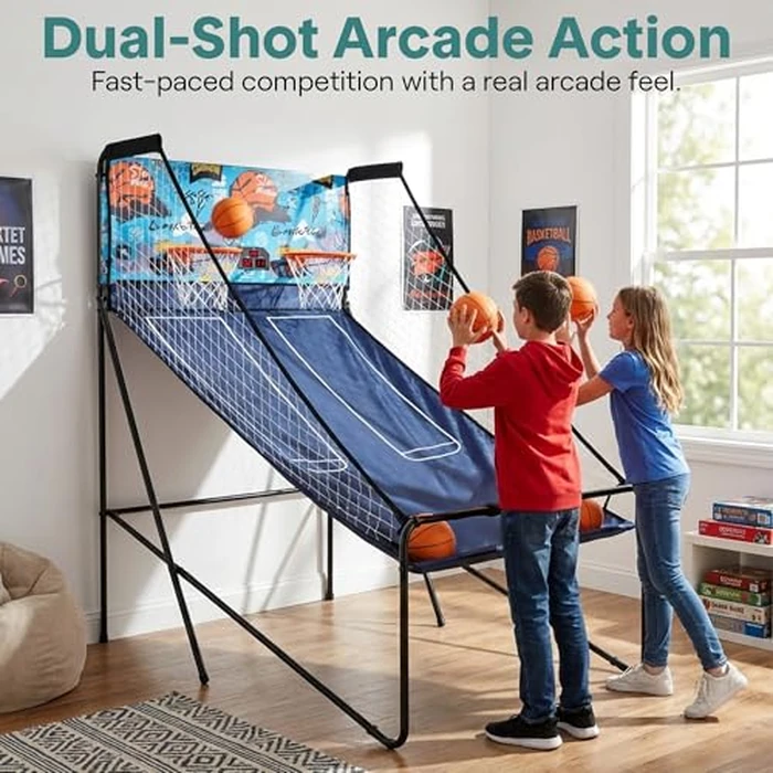 SereneLife Dual Shot Basketball Arcade Game with Electronic Scorer, 8 Modes, Indoor Outdoor 2 Player Basketball Shooting Game, Foldable Arcade Set with 5 Balls and Pump by SereneLife - Image 3