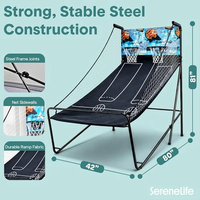 SereneLife Dual Shot Basketball Arcade Game with Electronic Scorer, 8 Modes, Indoor Outdoor 2 Player Basketball Shooting Game, Foldable Arcade Set with 5 Balls and Pump by SereneLife - Image 7