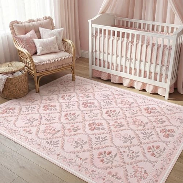 Dadasgk Area Rugs 4x6 Floral Washable Living Room Bedroom Carpet Vintage Boho Floral Thin Non-Slip Soft Low Pile Floor Mat Indoor for Baby Nursery Entryway Kitchen Playroom Farmhouse, Pink Multi by Dadasgk - Used - Very Good condition - CA$39.04