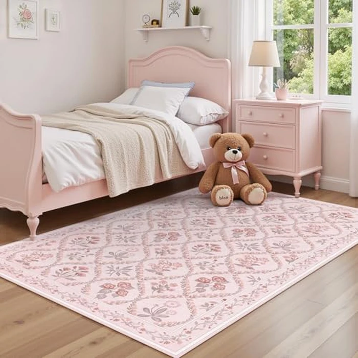 Dadasgk Area Rugs 4x6 Floral Washable Living Room Bedroom Carpet Vintage Boho Floral Thin Non-Slip Soft Low Pile Floor Mat Indoor for Baby Nursery Entryway Kitchen Playroom Farmhouse, Pink Multi by Dadasgk - Image 2