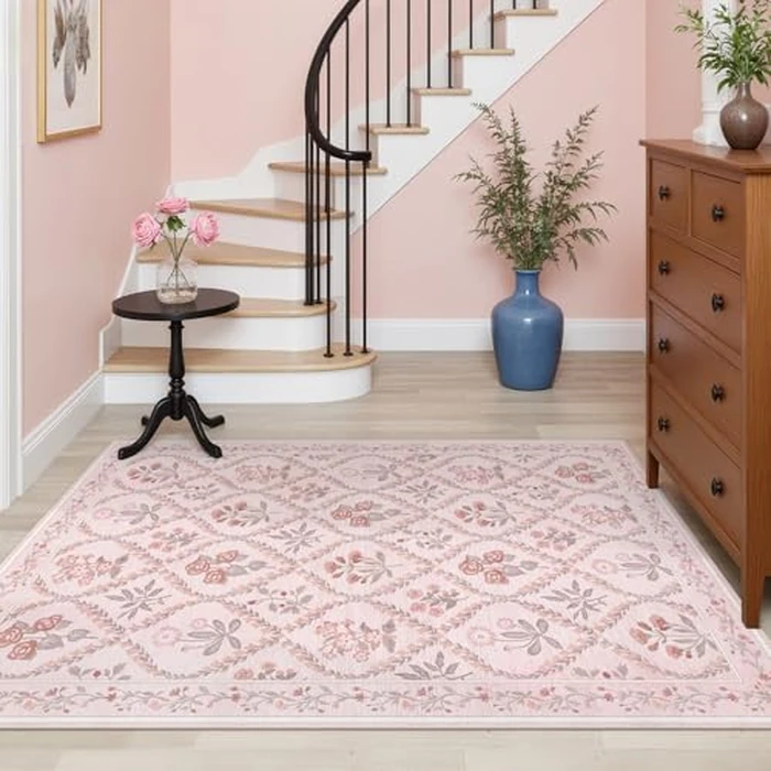 Dadasgk Area Rugs 4x6 Floral Washable Living Room Bedroom Carpet Vintage Boho Floral Thin Non-Slip Soft Low Pile Floor Mat Indoor for Baby Nursery Entryway Kitchen Playroom Farmhouse, Pink Multi by Dadasgk - Image 4