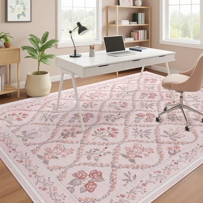 Dadasgk Area Rugs 4x6 Floral Washable Living Room Bedroom Carpet Vintage Boho Floral Thin Non-Slip Soft Low Pile Floor Mat Indoor for Baby Nursery Entryway Kitchen Playroom Farmhouse, Pink Multi by Dadasgk - Image 5