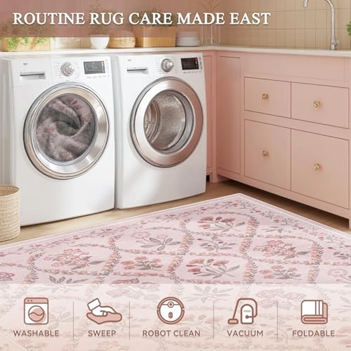 Dadasgk Area Rugs 4x6 Floral Washable Living Room Bedroom Carpet Vintage Boho Floral Thin Non-Slip Soft Low Pile Floor Mat Indoor for Baby Nursery Entryway Kitchen Playroom Farmhouse, Pink Multi by Dadasgk - Image 7