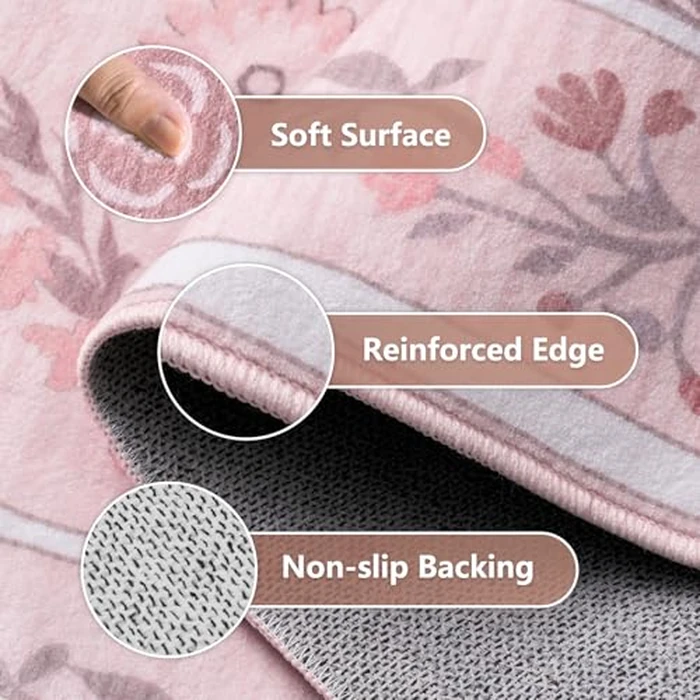 Dadasgk Area Rugs 4x6 Floral Washable Living Room Bedroom Carpet Vintage Boho Floral Thin Non-Slip Soft Low Pile Floor Mat Indoor for Baby Nursery Entryway Kitchen Playroom Farmhouse, Pink Multi by Dadasgk - Image 8