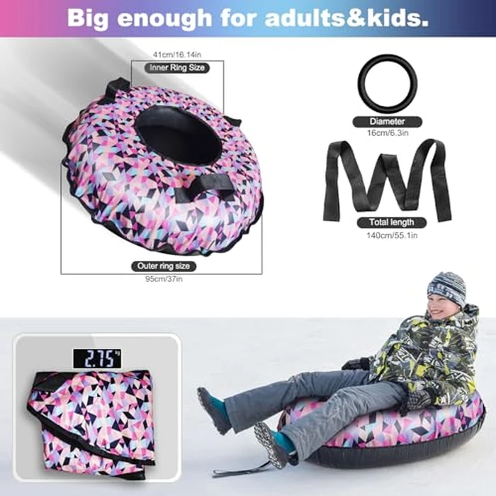 Snow Tube, 95CM Heavy-Duty Winter Snow Sled with Premium Canvas Cover, Winter Outdoor Sports Equipment with Towable Pull Ring and Handles for Boys Girls Above 13 Family Activities by FZENeast - Image 2