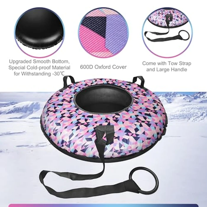 Snow Tube, 95CM Heavy-Duty Winter Snow Sled with Premium Canvas Cover, Winter Outdoor Sports Equipment with Towable Pull Ring and Handles for Boys Girls Above 13 Family Activities by FZENeast - Image 3