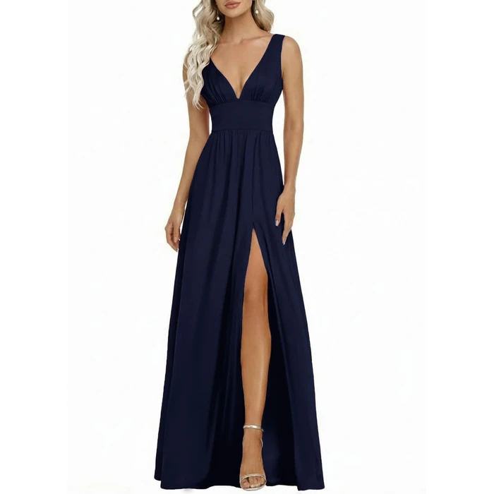 Ever-Pretty Women's V-Neck Prom Dresses Sleeveless Side Slit Formal Gown Floor Length Bridesmaid Wedding Guest Dress Navy Blue US12 by Ever-Pretty - Used - Like New condition