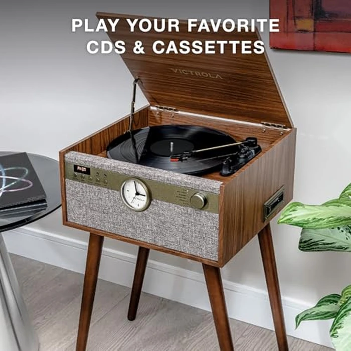 Victrola Century Signature+ - 6-in-1 Vinyl Record Player & Music Center - 3-Speed Turntable, CD & Cassette, VINYLSTREAM, Bluetooth & 3.5mm Aux, Record Player with Speakers, 18" Legs (Walnut) by Victrola - Image 6