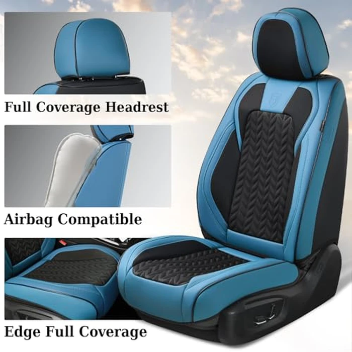 Coverado Seat Covers Full Set, 5 Seats Breathable Faux Leather Seat Covers for Cars, Car Seat Cover Winter, Car Seat Protector Car Seat Cushion, Automotive Seat Cover Universal Fit Most Vehicles, Blue by Coverado - Image 2