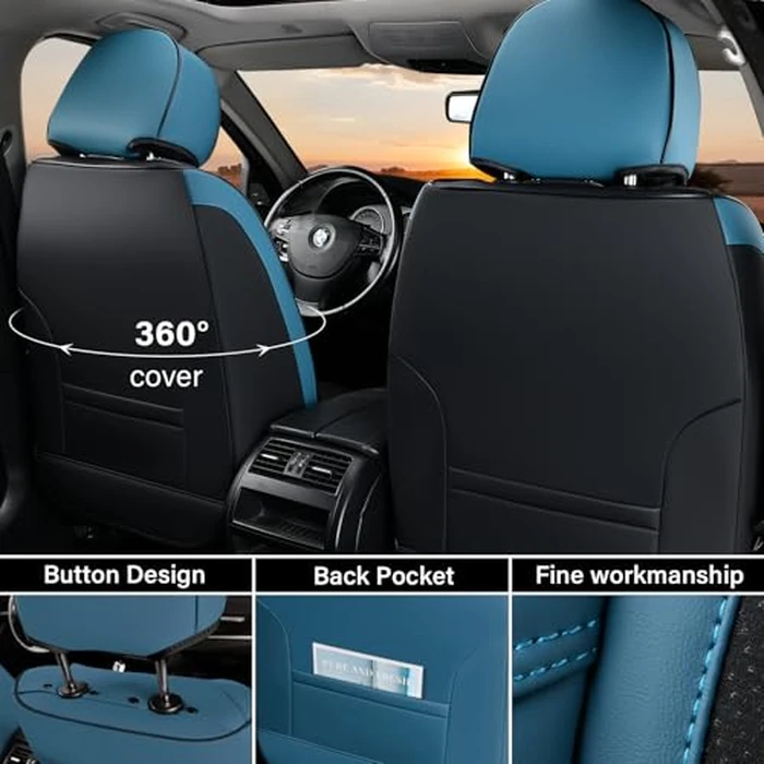 Coverado Seat Covers Full Set, 5 Seats Breathable Faux Leather Seat Covers for Cars, Car Seat Cover Winter, Car Seat Protector Car Seat Cushion, Automotive Seat Cover Universal Fit Most Vehicles, Blue by Coverado - Image 3