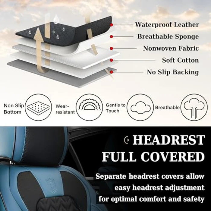Coverado Seat Covers Full Set, 5 Seats Breathable Faux Leather Seat Covers for Cars, Car Seat Cover Winter, Car Seat Protector Car Seat Cushion, Automotive Seat Cover Universal Fit Most Vehicles, Blue by Coverado - Image 9