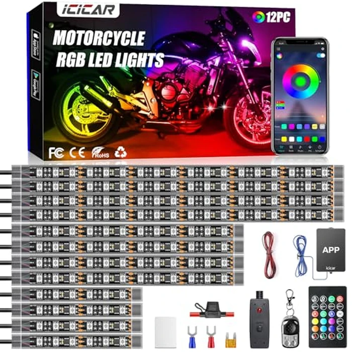 Motorcycle LED Underglow Kit, icicar 12 Pcs APP/RF Control Multicolor Motorcycle LED Light Kit with Brake Turn Signal, IP68 Waterproof & Music Sync Ambient Light for Motorcycles by icicar - Used - Like New condition - US$33.24