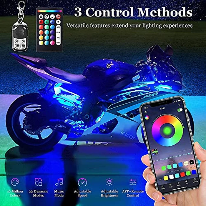 Motorcycle LED Underglow Kit, icicar 12 Pcs APP/RF Control Multicolor Motorcycle LED Light Kit with Brake Turn Signal, IP68 Waterproof & Music Sync Ambient Light for Motorcycles by icicar - Image 3