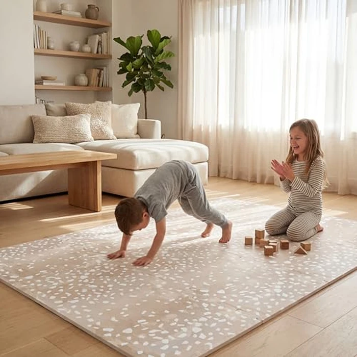 Moon Walkers Premium Soft Foam Play Mat for Baby, 170x122 cm, Easy to Clean - The Perfect Modern Foam Playmat Fits Nicely with Your Kids Playroom Or Home Decor 1.2 cm Thickness (Camouflaged Terrazzo) by MOON WALKERS - Used - Like New condition - CA$47.90