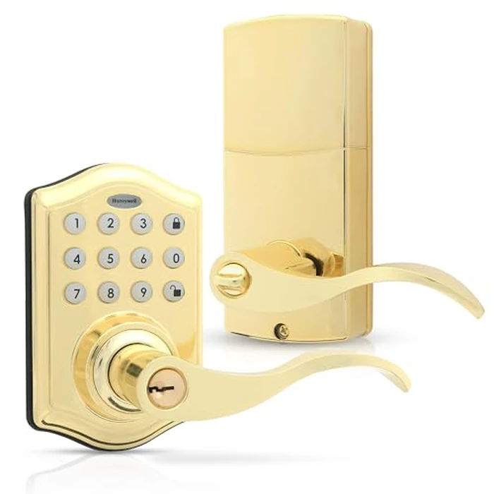 Honeywell Safes & Door Locks - Keyless Entry Lever Door Lock Handle with Electronic Keypad - Easy to Install Front Door Lock with Code - 50 User Pin Codes - Polished Brass, 6.5 x 8.8 x 9 in - 8734001 by Honeywell - Used - Good condition