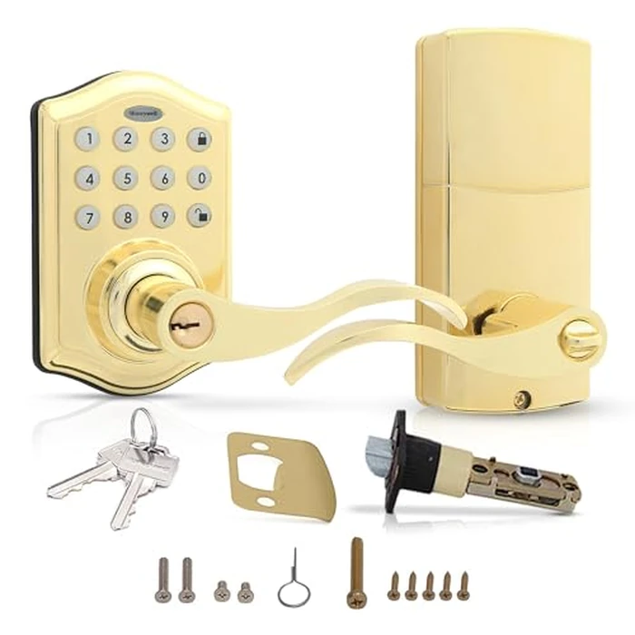 Honeywell Safes & Door Locks - Keyless Entry Lever Door Lock Handle with Electronic Keypad - Easy to Install Front Door Lock with Code - 50 User Pin Codes - Polished Brass, 6.5 x 8.8 x 9 in - 8734001 by Honeywell - Image 2