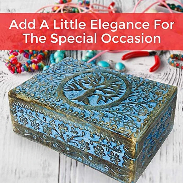 EARTHLY HOME Handmade Wood Keepsake Box Jewellery Organiser Unique Gift Ideas for Men & Women Decorative Multipurpose Travel Storage Box (8 x 5 x 2.5 inch- Blue) by EARTHLY HOME - Image 3