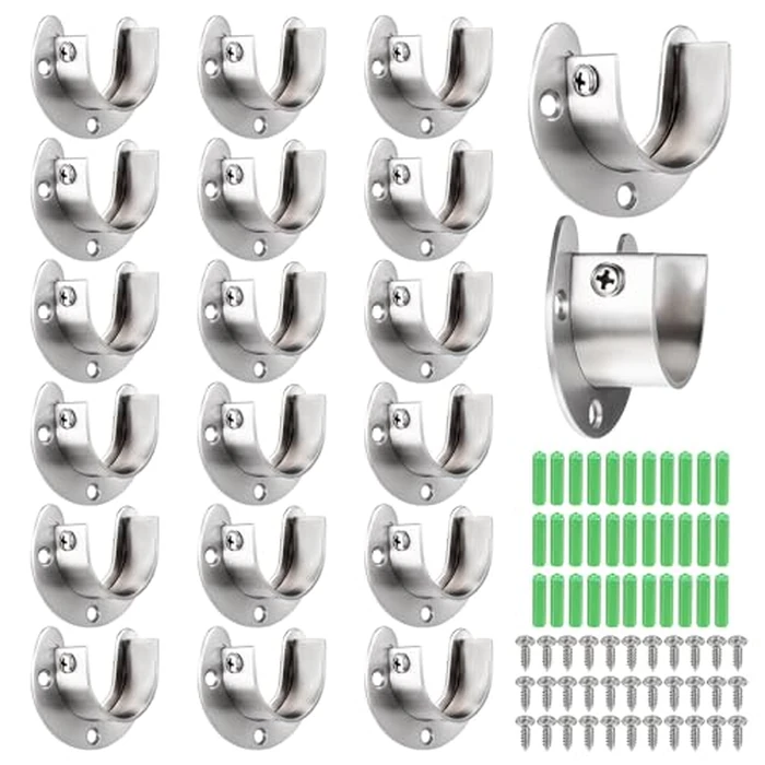 20 Pack Closet Pole Sockets Stainless Steel 1-1/4 Inch Metal Closet Rod Holder Heavy Duty U Shaped Closets Rod Bracket Curtain Rods Holders Closets Rods Support End Caps with Screws, Silver by DIVINA VITAE - Used - Like New condition - US$20.47