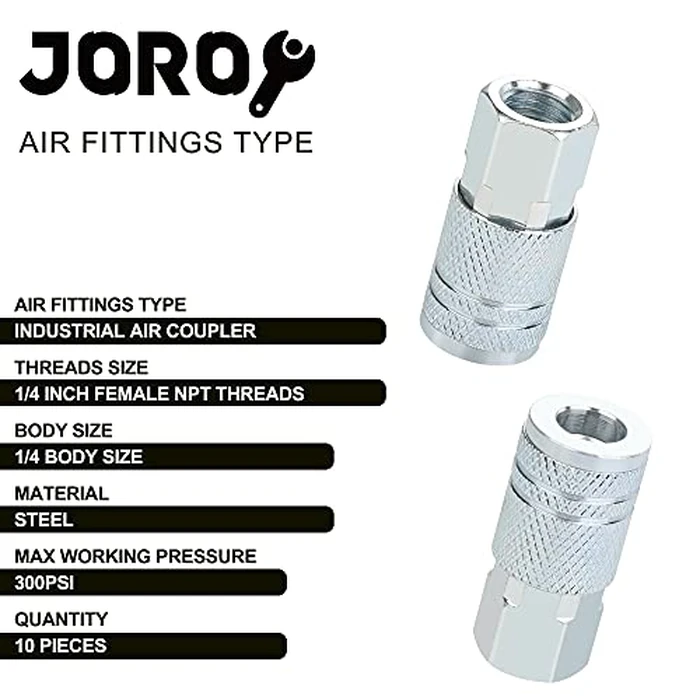 JOROY 1/4 Air Hose Fittings, Industrial M-Type Coupler, 1/4 Inch Flow Size, 1/4 Inch Female Threads Size, Steel Material, 300PSI, 10 Pieces Air Compressor Accessories Set by JOROY - Image 2