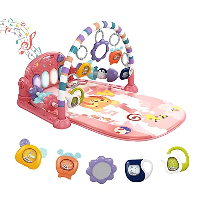 dearlomum Baby Play Mat Gym, Funny Play Piano Tummy Time Activity Mat with 5 Infant Sensory Toys, Music and Lights, Boy & Girl Gifts for Newborns 0 to 3 6 9 12 Months (Pink) by dearlomum - Used - Very Good condition - US$31.03