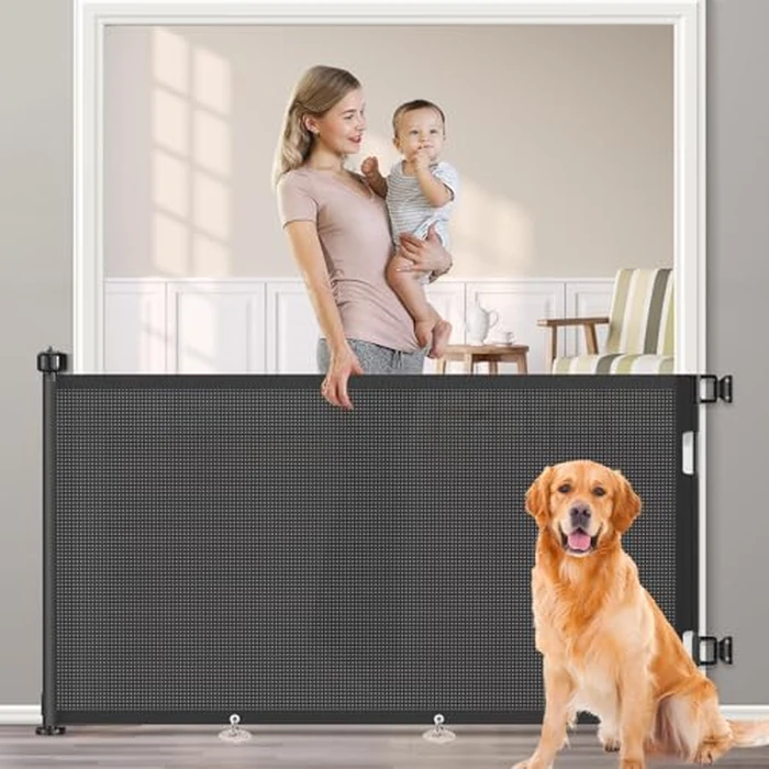 71 inch Retractable Baby Gates, EZIGO Extra Wide Baby Gate for Large Opening Extra Long Mesh Gate for Kids or Pet Dog Gate Child Safety Gate for Stairs Hallways Doorway Indoor Outdoor, Black by EZIGO - Used - Like New condition