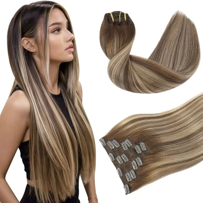 Youngsmile Clip in Hair Extensions for Women 20 Inch 120g 7pcs Real Remy Human Hair Balayage Brown Fading to Ash Brown Highlight with Medium Blonde Soft Natural Clip in Extensions(#4/27/4-20inch) by Youngsmile - Used - Like New condition - CA$70.28