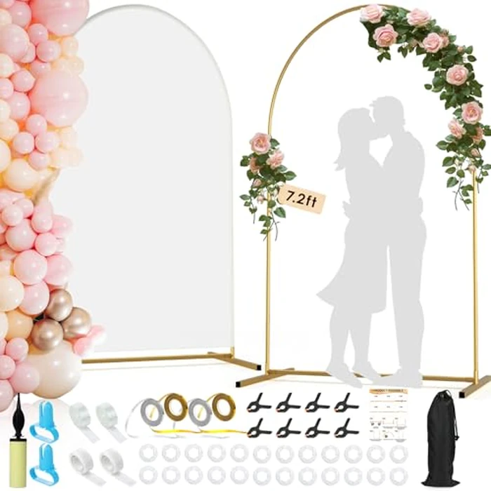 Arch Backdrop Stand and Cover Set| 7.2ft Wedding Metal Arch Stand with Spandex Fitted Backdrop Cover|Gold Balloon Arched Frame White Cover for Birthday Party Baby Shower Graduation Ceremony Décor by LifeisLuck - Image 1