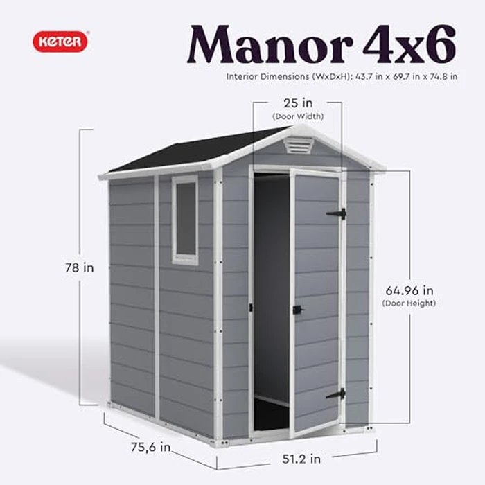 Keter Manor 4x6 Resin Outdoor Storage Shed Kit-Perfect to Store Patio Furniture, Garden Tools Bike Accessories, Beach Chairs and Lawn Mower, Grey & White by Keter - Used - Like New condition - US$610.76