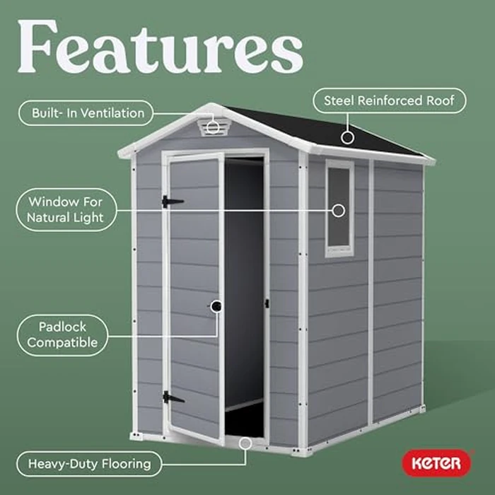 Keter Manor 4x6 Resin Outdoor Storage Shed Kit-Perfect to Store Patio Furniture, Garden Tools Bike Accessories, Beach Chairs and Lawn Mower, Grey & White by Keter - Image 2