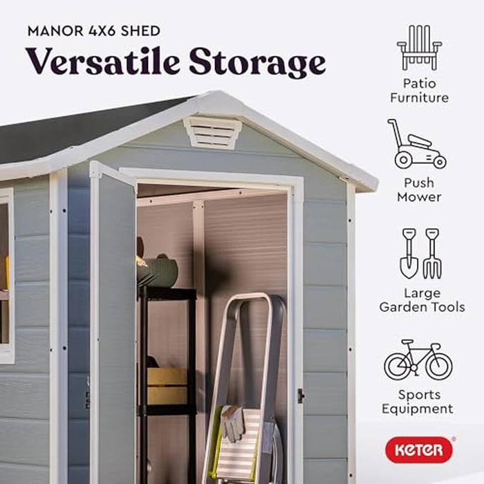 Keter Manor 4x6 Resin Outdoor Storage Shed Kit-Perfect to Store Patio Furniture, Garden Tools Bike Accessories, Beach Chairs and Lawn Mower, Grey & White by Keter - Image 3