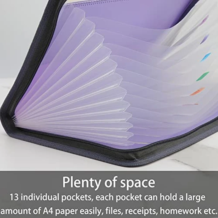 NAFY Accordion File Organizer, 13 Pockets Expanding File Folder with Zipper, A4 Letter Size Portable Accordion Expanding File Folders with 27pcs Colour Labels for Home Office School Supplies (Lilac) by Nafy - Image 2