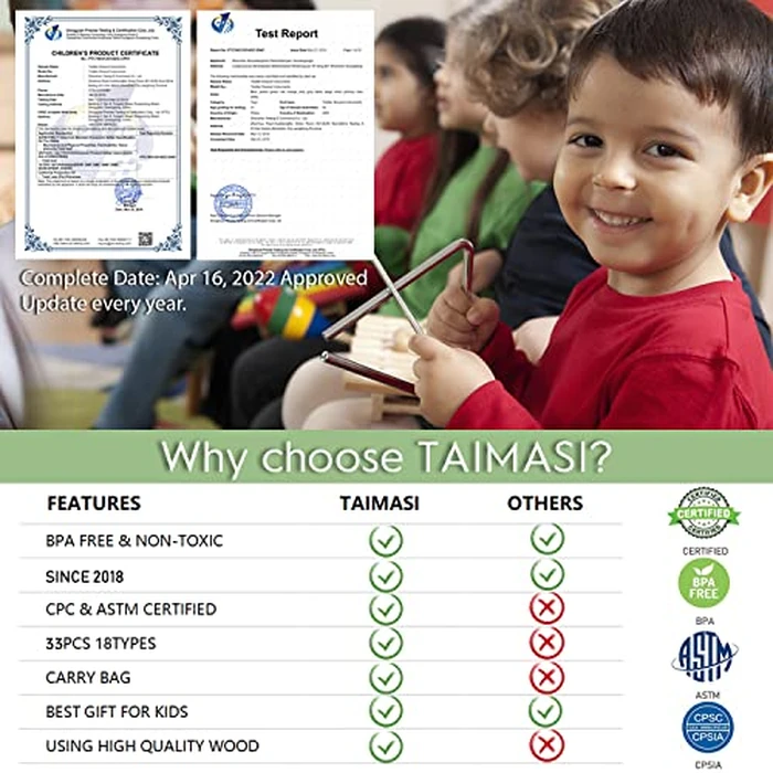 Kids Musical Instruments, 33Pcs 18 Types Wooden Percussion Instruments Tambourine Xylophone Toys for Kids Children, Preschool Education Early Learning Musical Toy for Boys and Girls by Taimasi - Image 2