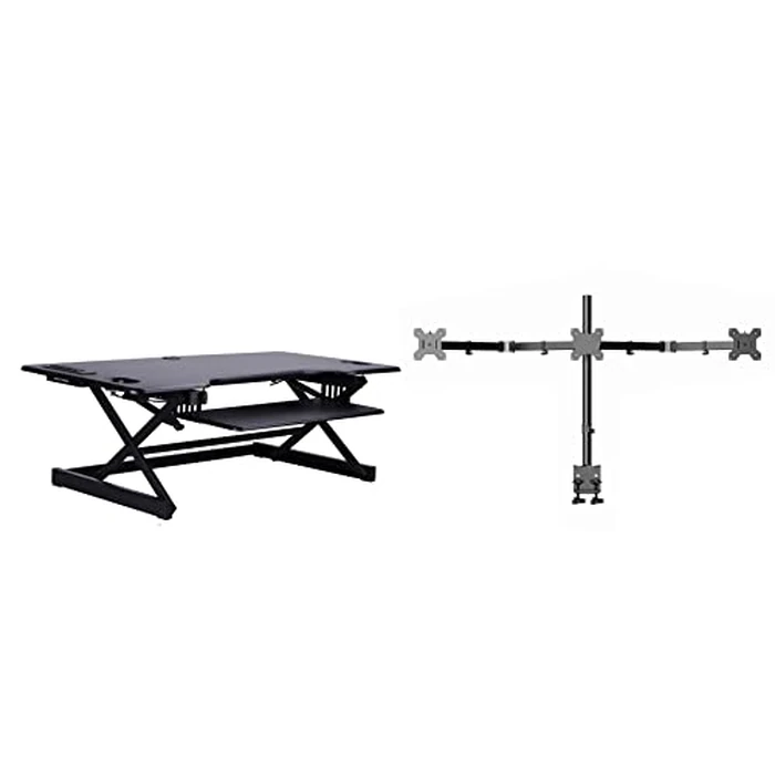 Rocelco 46" Height Adjustable Standing Desk Converter with AC USB Charger and Triple Monitor Mount Arm Bundle - Extra Tall Sit Stand Desktop Computer Riser Workstation - Black (R DADRB-46-ACUSB-DM3) by Rocelco - Used - Very Good condition