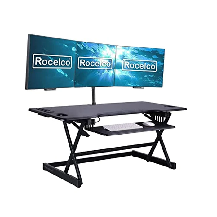 Rocelco 46" Height Adjustable Standing Desk Converter with AC USB Charger and Triple Monitor Mount Arm Bundle - Extra Tall Sit Stand Desktop Computer Riser Workstation - Black (R DADRB-46-ACUSB-DM3) by Rocelco - Image 2