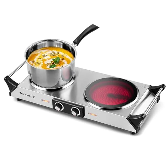 Techwood Electric Stove, 1800W Double Infrared Ceramic Hot Plate for Cooking, Two Control Cooktop Burner, Portable Anti-scald handles Suitable for Office/Home/Camp Use, Compatible for All Cookwares by Techwood - Used - Very Good condition - CA$87.08