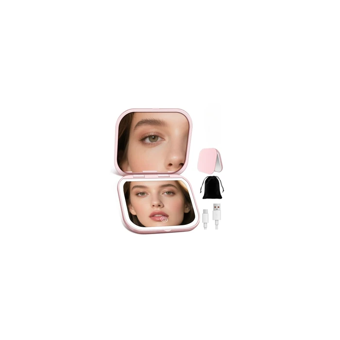 SisKokoro Magnifying Mirror with Light, Rechargeable 40X Compact Mirror with 3 Lighting Modes & Dimmable Brightness, Portable Travel Makeup Mirror with Light, Essentials for Travel, Pocket Purse Pink by SisKokoro - Image 1