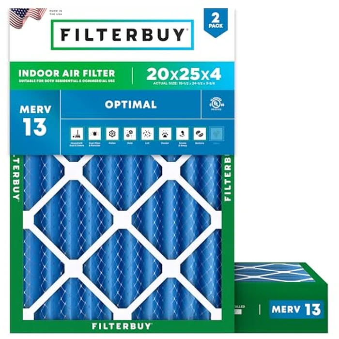 Filterbuy 20x25x4 Air Filter MERV 13 Optimal Smoke & Allergy Defense (2-Pack), Electrostatic Pleated HVAC AC Furnace Filters Replacement (Actual Size: 19.50 x 24.50 x 3.63) by Filterbuy - Used - Very Good condition - US$55.56