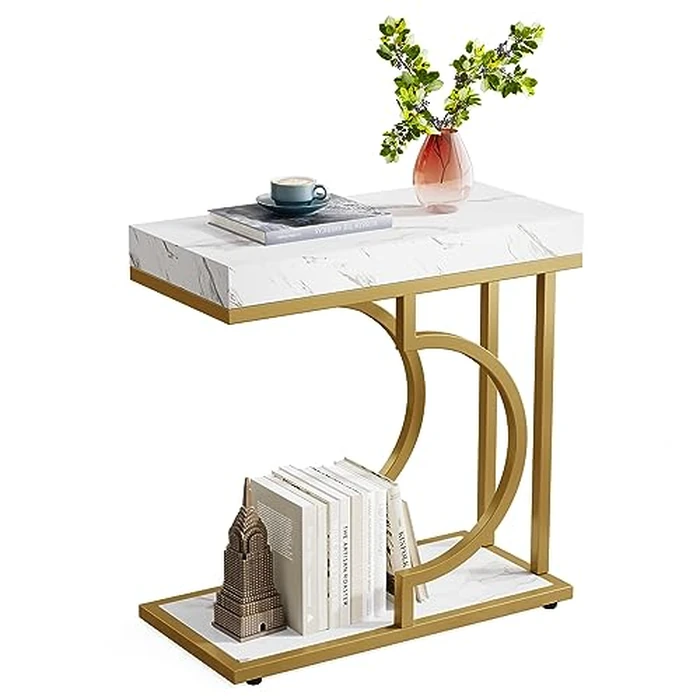 LITTLE TREE Narrow Side Table C Shaped End Table Modern Bedside Table Small Rectangle Side Table for Couch, Sofa Table with Metal Frame for Living Room, Faux Marble White Gold by LITTLE TREE - Image 1