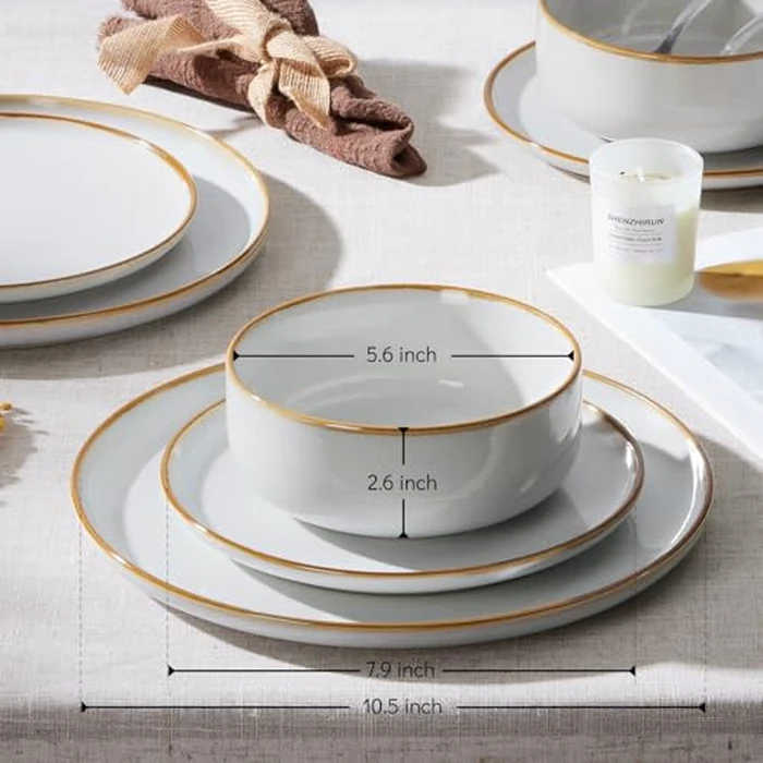 E-far Plates and Bowls Set for 4, 12-Piece Stoneware Dinnerware Sets, Ceramic Dinning Ware Reactive Glaze Dishes Set, Microwave & Dishwasher Safe - Seashell White by E-far - Image 2