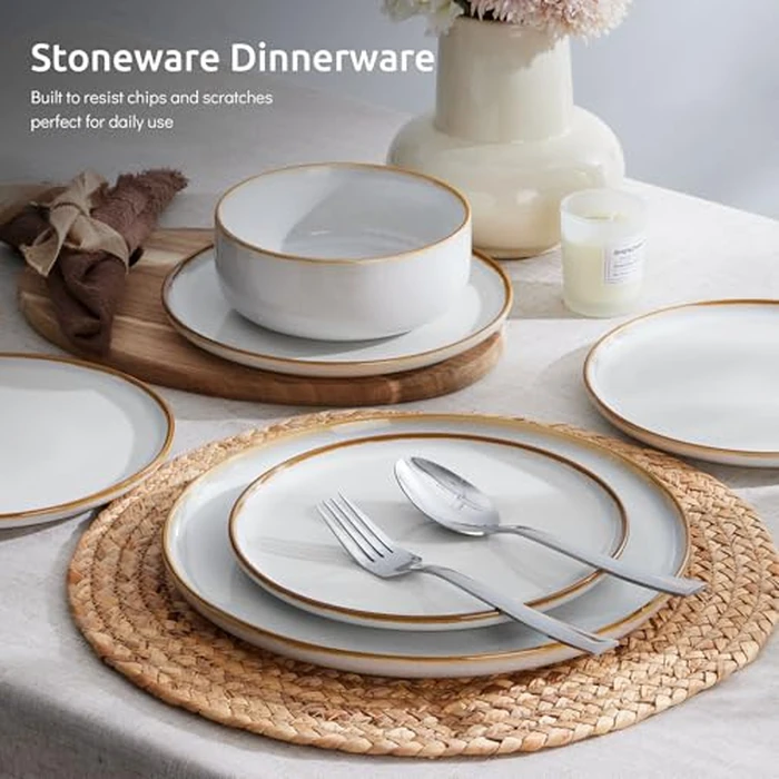 E-far Plates and Bowls Set for 4, 12-Piece Stoneware Dinnerware Sets, Ceramic Dinning Ware Reactive Glaze Dishes Set, Microwave & Dishwasher Safe - Seashell White by E-far - Image 3