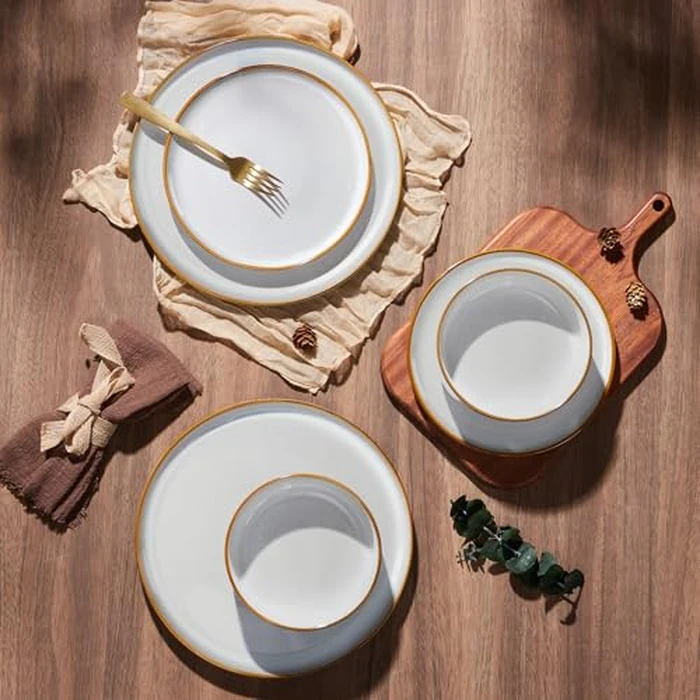 E-far Plates and Bowls Set for 4, 12-Piece Stoneware Dinnerware Sets, Ceramic Dinning Ware Reactive Glaze Dishes Set, Microwave & Dishwasher Safe - Seashell White by E-far - Image 7