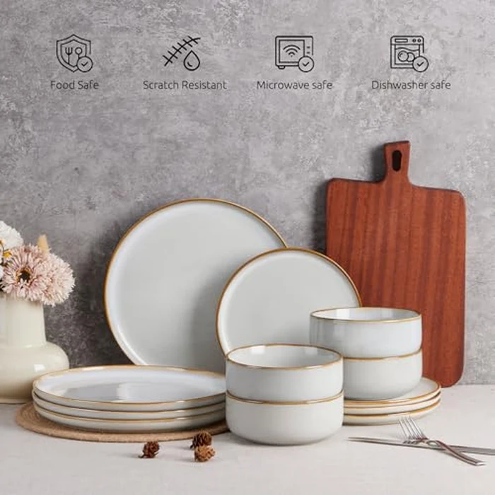 E-far Plates and Bowls Set for 4, 12-Piece Stoneware Dinnerware Sets, Ceramic Dinning Ware Reactive Glaze Dishes Set, Microwave & Dishwasher Safe - Seashell White by E-far - Image 8