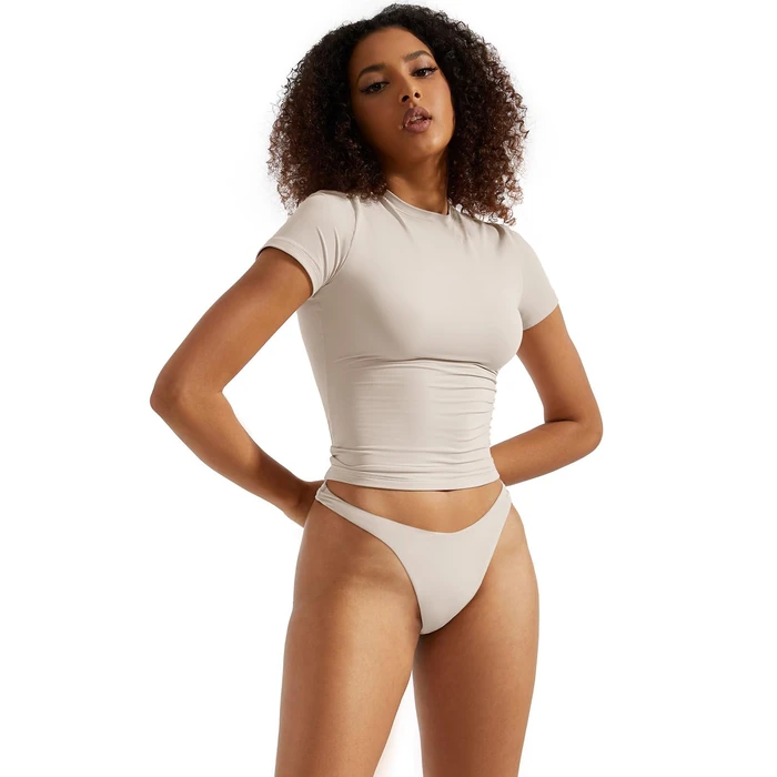 SUUKSESS Women Double Lined Fitted Basic Tee Shirts Crew Neck Short Sleeve Y2K Going Out Crop Tops (Soft Sand, S) by SUUKSESS - Image 3