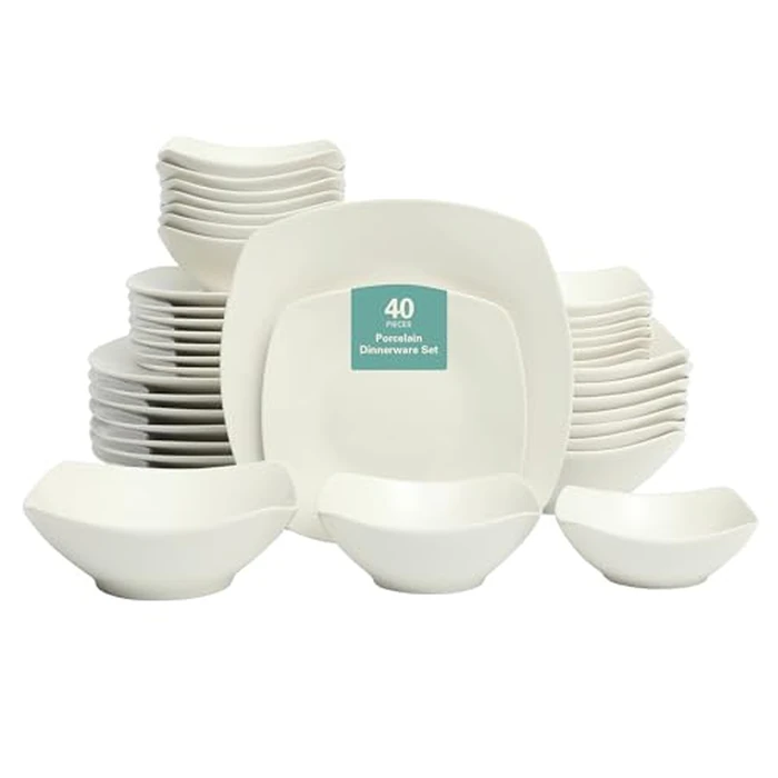 Gibson Home Brentwood 40-Piece Dinnerware Set - Square White Porcelain Plates and Bowls, Service for 8, Dishwasher & Microwave Safe, Modern Everyday Dinner Set with Cereal, Dessert, and Entrée Bowls by Gibson Home - Used - Very Good condition - US$70.43