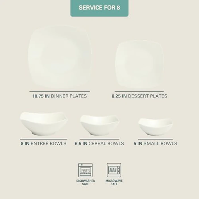 Gibson Home Brentwood 40-Piece Dinnerware Set - Square White Porcelain Plates and Bowls, Service for 8, Dishwasher & Microwave Safe, Modern Everyday Dinner Set with Cereal, Dessert, and Entrée Bowls by Gibson Home - Image 2