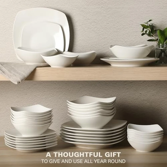 Gibson Home Brentwood 40-Piece Dinnerware Set - Square White Porcelain Plates and Bowls, Service for 8, Dishwasher & Microwave Safe, Modern Everyday Dinner Set with Cereal, Dessert, and Entrée Bowls by Gibson Home - Image 4