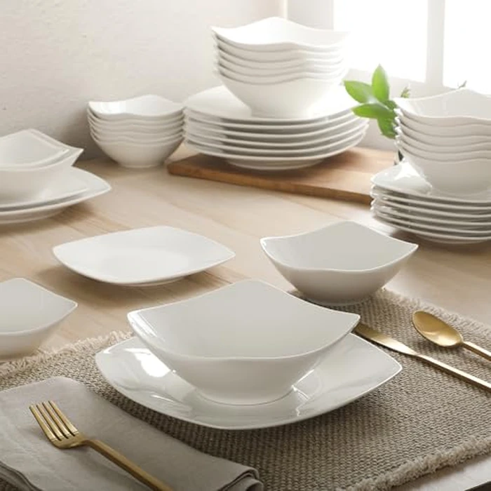Gibson Home Brentwood 40-Piece Dinnerware Set - Square White Porcelain Plates and Bowls, Service for 8, Dishwasher & Microwave Safe, Modern Everyday Dinner Set with Cereal, Dessert, and Entrée Bowls by Gibson Home - Image 5