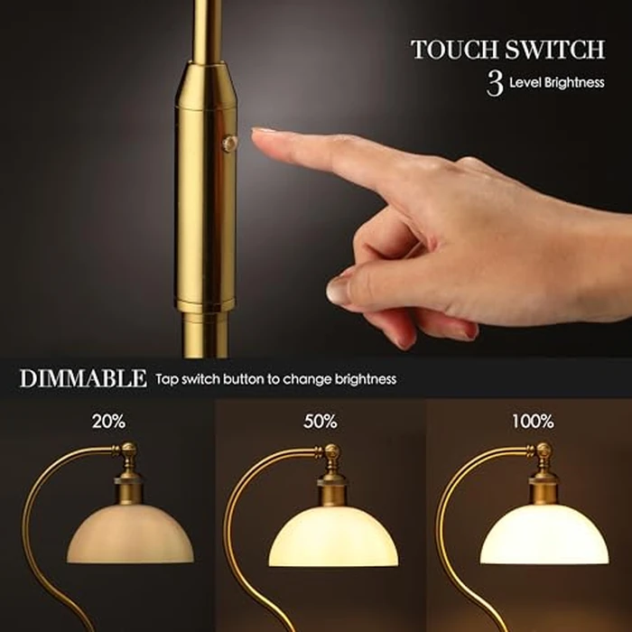 O’Bright Heritage - Banker’s Floor Lamp, 3-Level Touch Dimming, Adjustable Tilt Shade, Removable Lampshade Design, E26 Socket with 6W Dimmable LED Bulb, White Jade Glass Shade, Antique Brass by O'Bright - Image 2